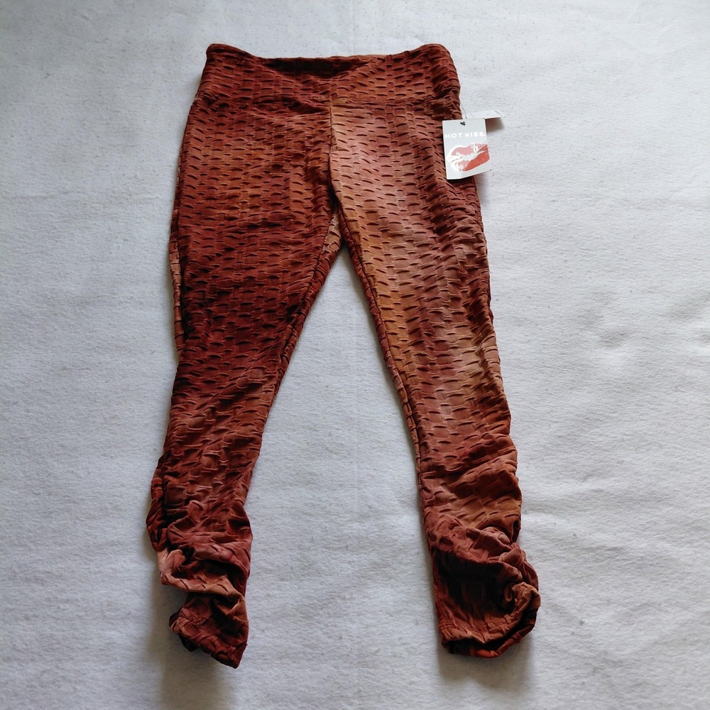 Hot Kiss Womens Textured Leggings Size L Rust Orange Stretch Pants NWT WRLL4281